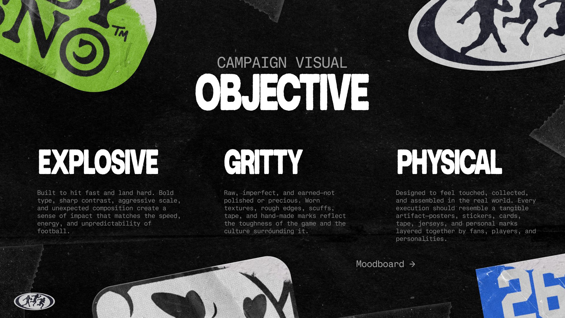Campaign objective — explosive, gritty, physical
